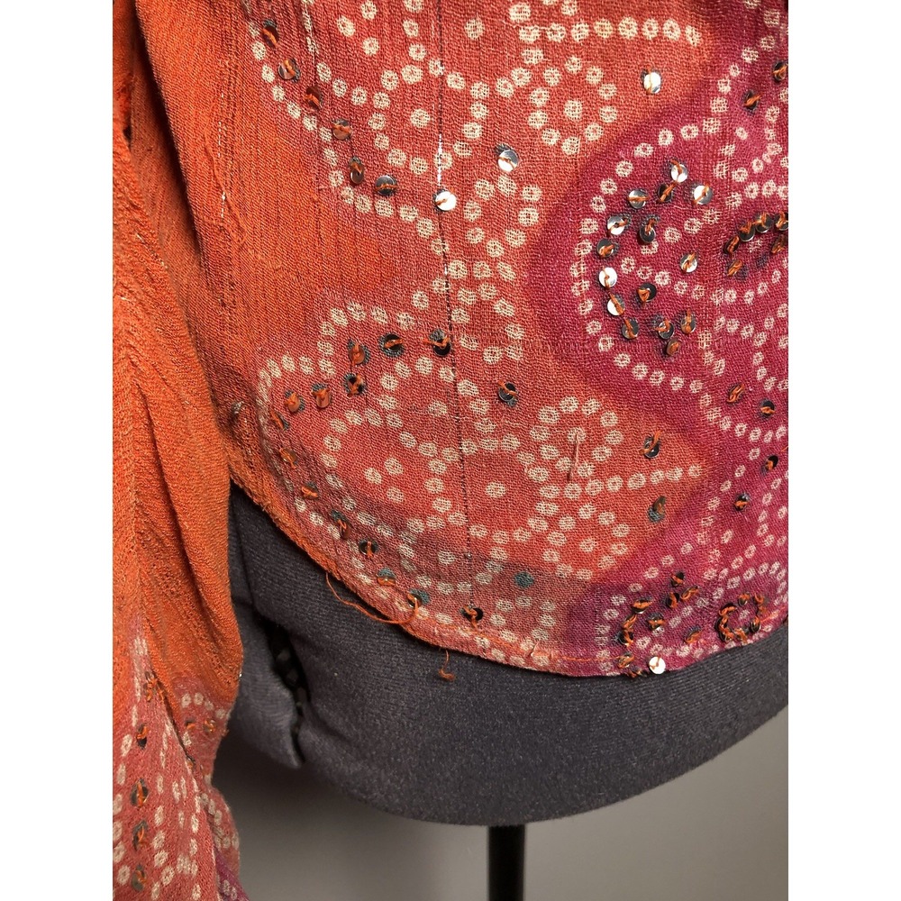 Vtg Y2K Boho Blouse Cervelle Sequin Metallic Bandhani Print Orange S DAMAGED - Picture 10 of 14